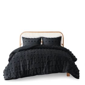 Full/Queen 3 Piece Pompom Microfiber Hypoallergenic Comforter Set in Black