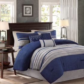 7 PC Pieced Faux Suede Comforter Set Blue Cal King