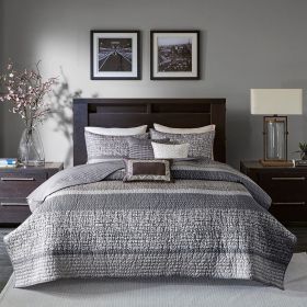6 Piece Reversible Jacquard Quilt Set with Throw Pillows Grey/Taupe Full/Queen