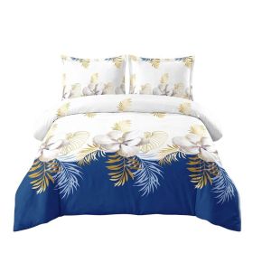 3 Piece Duvet Cover Set, US Designer Navy Blue And Gold Tropical Floral Botanical Print High GSM Heavyweight Comforter Cover With Zipper & Corner (Option: Queen)