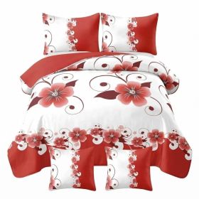 5 Piece Duvet Cover Set, Red And White Floral Bedding, Botanical Comforter Cover, Reversible High Gsm Bed Linen, Matching Pillow Shams, Throw Pil (Option: Queen)